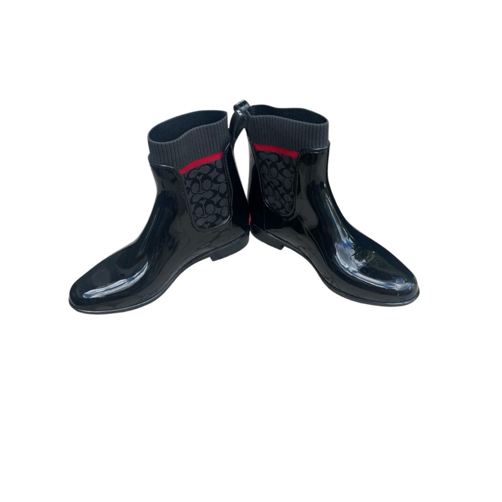 ￼COACH Rubber Boot size 9 black pattern logo stretch pull on boots.